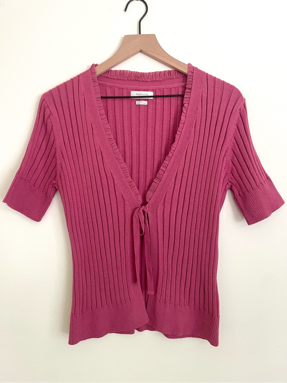 Van Heusen Cotton Ribbed Tie-Front Short Sleeve Cardigan - Raspberry